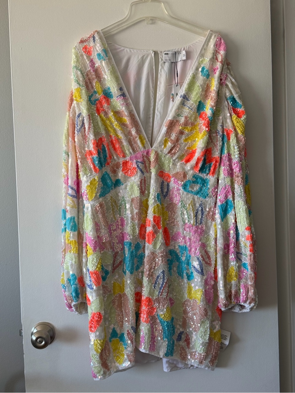 ASOS EDITION Sequin Embellished Floral Plunge Mini Dress Balloon Sleeve US 14